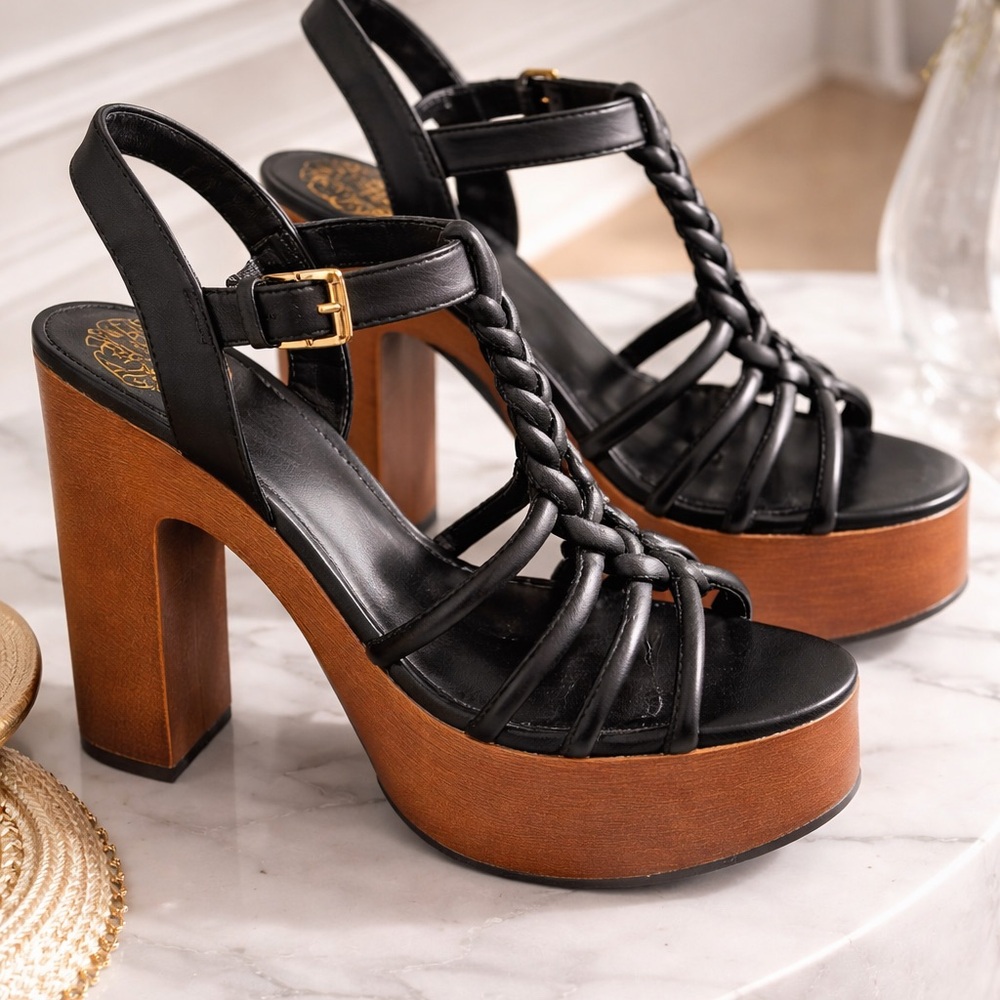 Vince Camuto Black Leather Braided Platform Sandal with Wood-Effect Heel